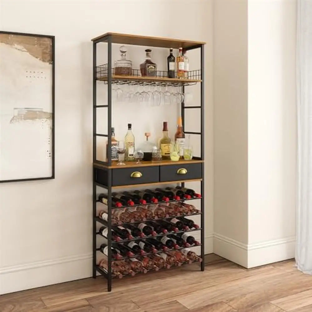 Wine Rack with Glasses Holder Liquor Cabinet Bar Home Storage Drawers Shelves Floor Freestanding 40 Bottles 21