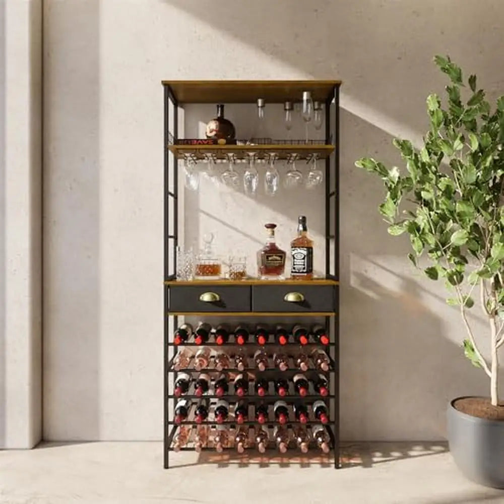 Wine Rack with Glasses Holder Liquor Cabinet Bar Home Storage Drawers Shelves Floor Freestanding 40 Bottles 21